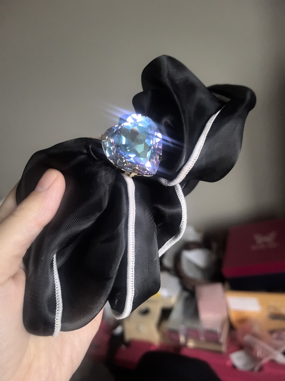 Black Scrunchie with Iridescent Crystal Accent